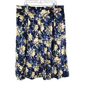 Womens Koret Floral Midi Skirt Pleated Linen Blend Blue & Yellow Plus Size 24W